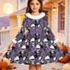 Kids Long Sleeve Christmas Dress, Ghost Skeleton Print Faux Fur Collar Bow Decor Princess Dresses for Girl Holiday Party Wear