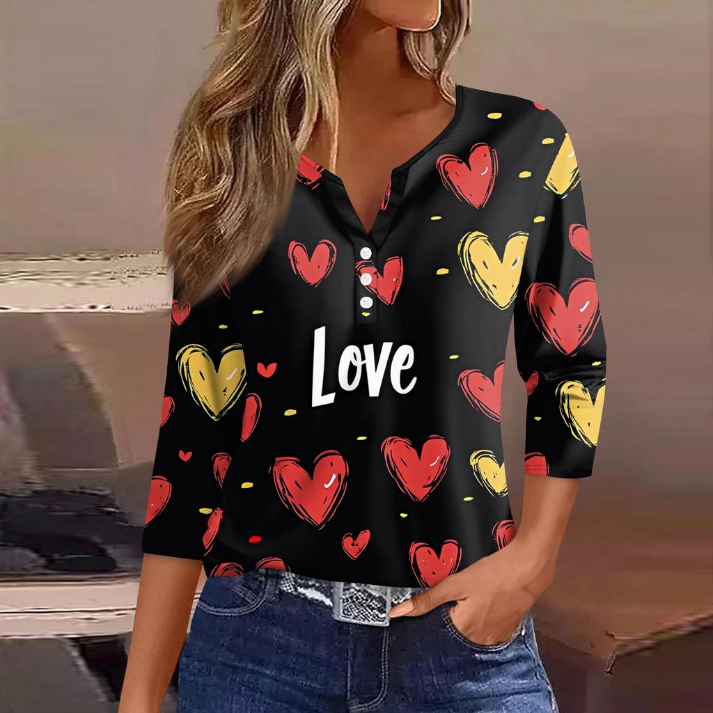 Женская футболка с принтом ко Дню святого Валентина, на пуговицах, рукав 3/4, туника, повседневная мода на выходные, базовый топ с V-образным вырезом