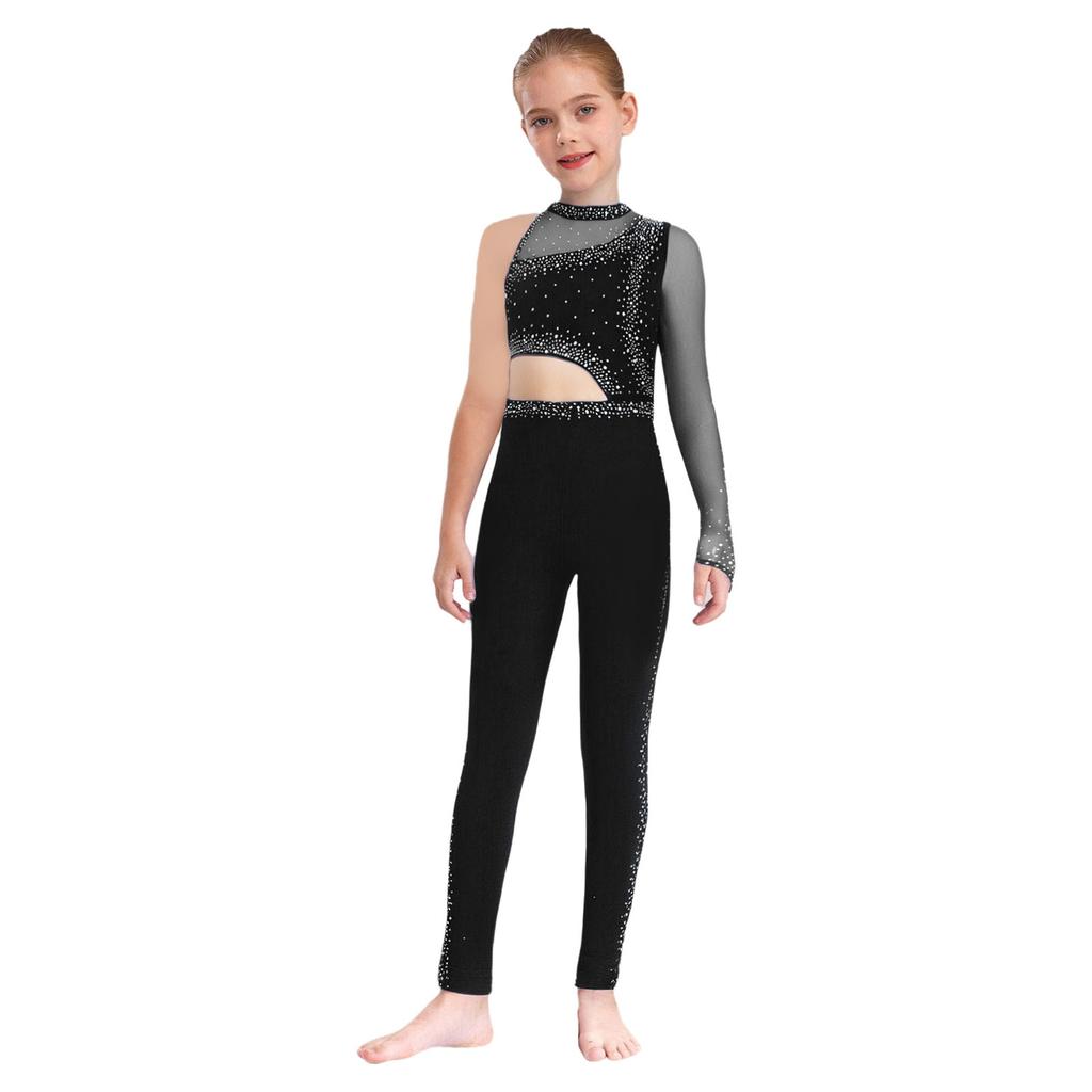Girls Gymnastics Jumpsuit Sheer Mesh Patchwork Cutout Asymmetrical Design Mock Neck Sparkly Rhinestones Full Body Leotard