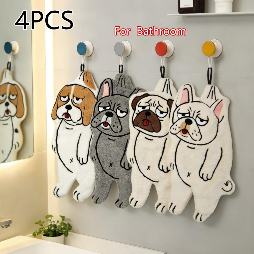 4pcs Bathroom Towels, New Creative Dog Hand Towels, For Bathroom, Kitchen, Restaurant, Kitchen Cleaning, Coral Fleece Absorbent