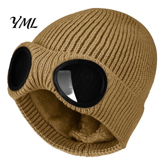 Winter Sports Headwear Knitted Hat with Goggles, Unisex Hat, Fleece Lined, Windproof Cycling Thermal Cap Warm Skull for Outdoor Skiing Street Fashion