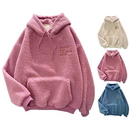 Осень-зима Женская толстовка с капюшоном на эластичных манжетах из плотного флиса с накладными карманами, свободный свитер с длинными рукавами, теплый топ с вышитыми буквами