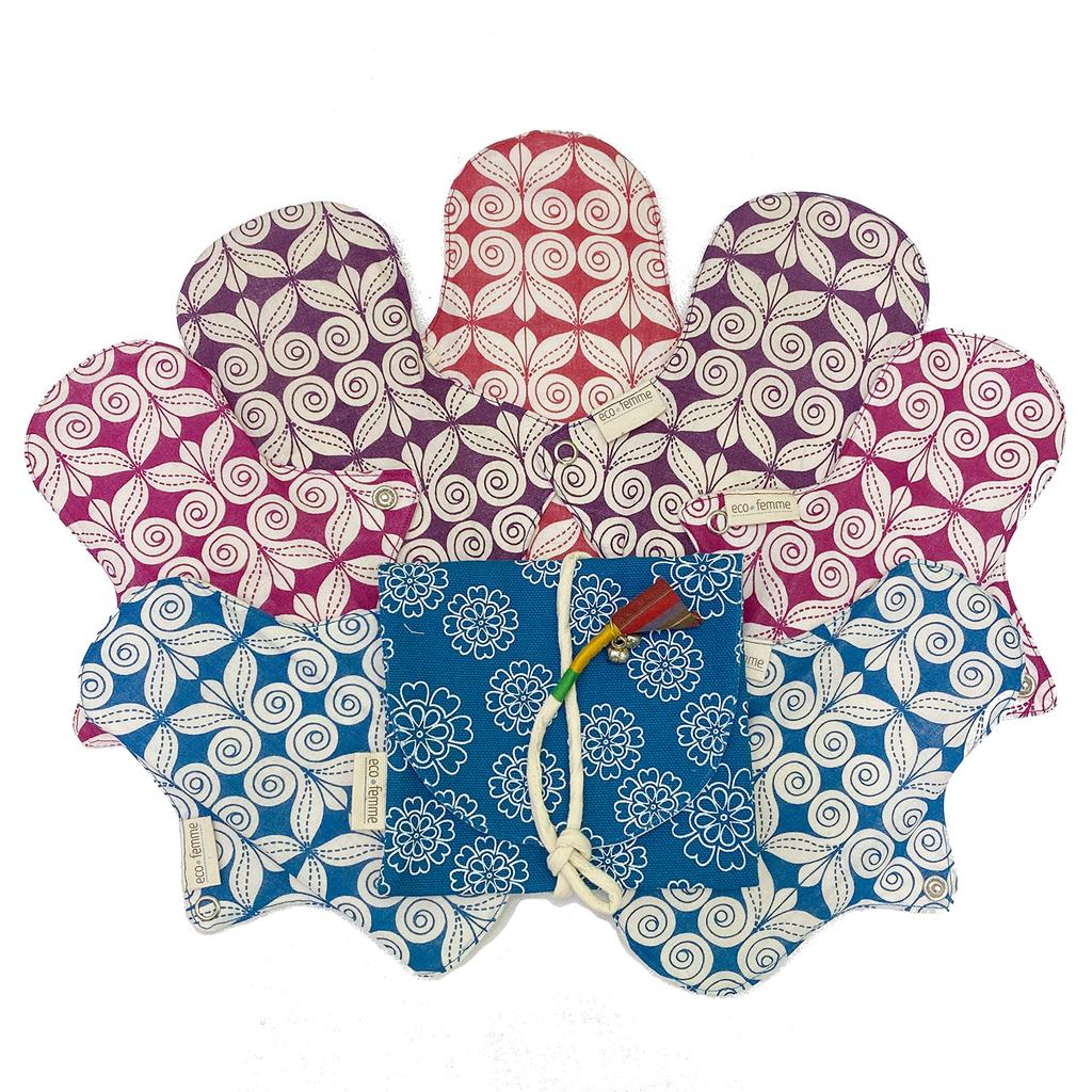 South Indian Cloth Washable Organic Cotton Full Cycle Kit Sheets 1 Carry GOTS Certified Product "Eco Femme" Napkins, (no Bleaching) - (7 + Pouch)