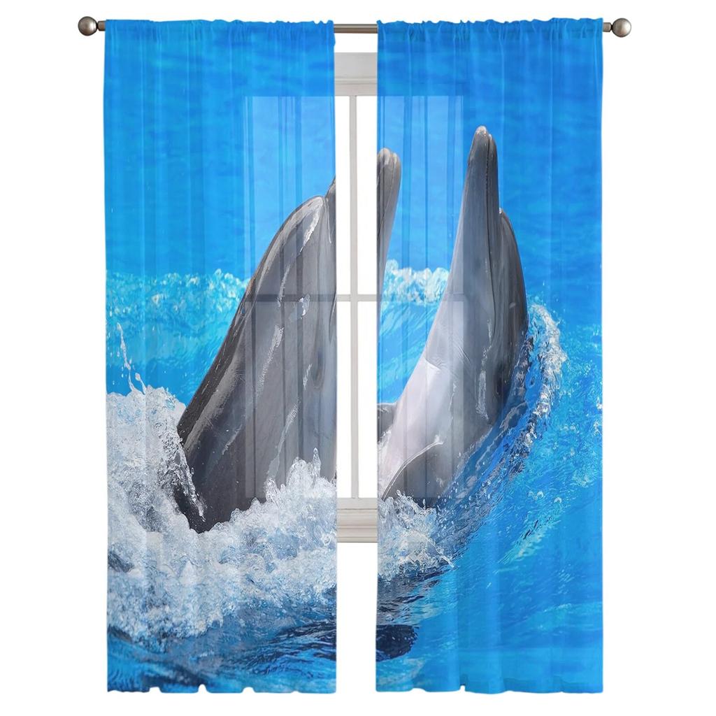 Dolphin Sea Splash Tulle Curtains for Bedroom Hall Living Room Decor Chiffon Curtain for Balcony Kitchen Home Drapes