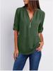 Shirt V-neck Zipper Plus Size Women's Long Sleeved Loose Chiffon Shirt with Adjustable Sleeves