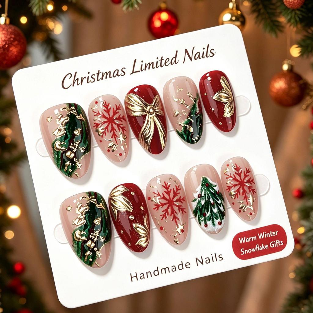 Short Almond Christmas Press On Nails 30pcs, Golden Foil Snowflake Christmas Tree Design French Fake Nails, Reusable Wearable Nail Art for Xmas
