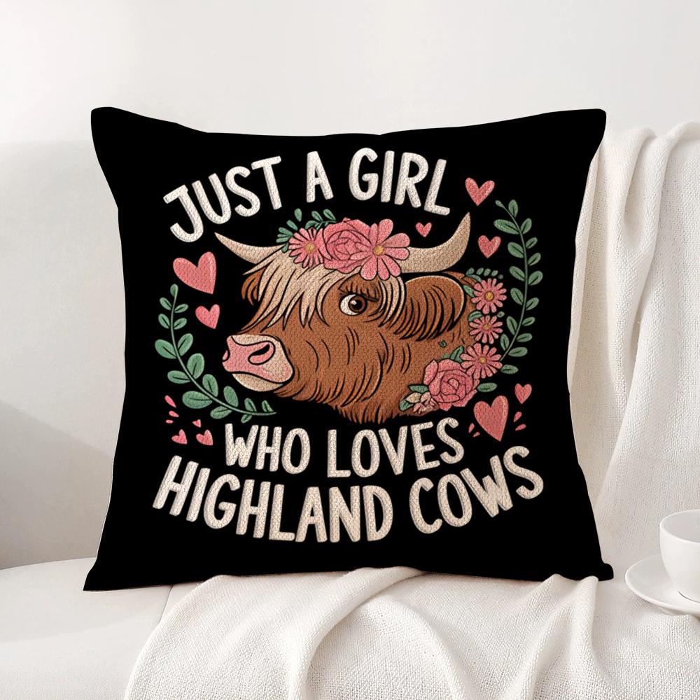 Scottish Highland cow black Cushion Cover Natural Linen Organic Fabric DoubleSided Printing Sofa Home Decor Gift Pillow Cover