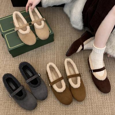 2025 новые ретро туфли Мао Мао с ремешком на одной пряжке и круглым носком, теплые флисовые балетки, неглубокие туфли-лодочки для женщин
