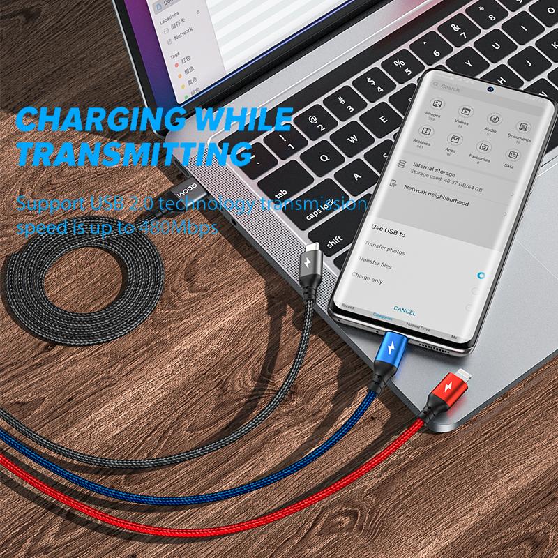 QOOVI Кабель для быстрой зарядки 3 в 1, Micro USB/Type-C/Lightning