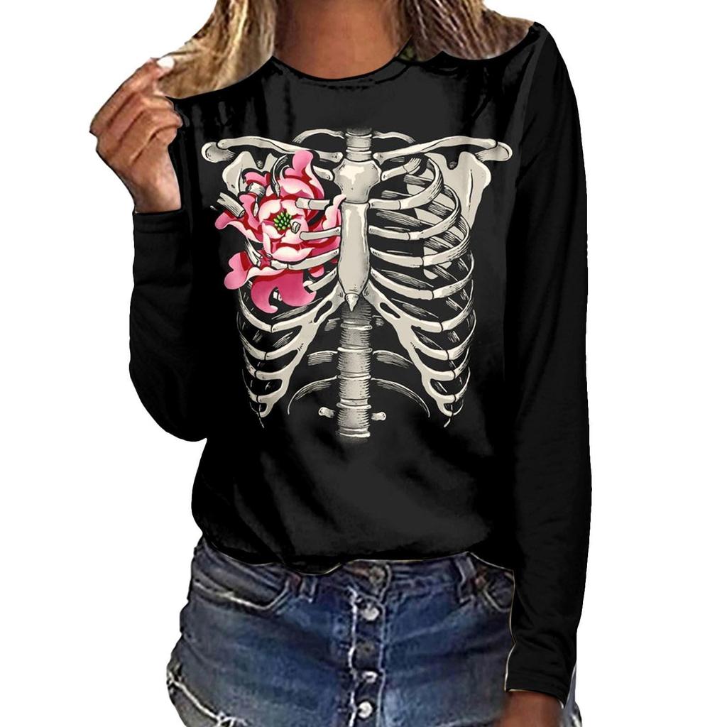 Cartoon Printed Women Street T-shirt Theme Sports Long Sleeve 3D Tees Halloween T-shirts Autumn Pullovers Top
