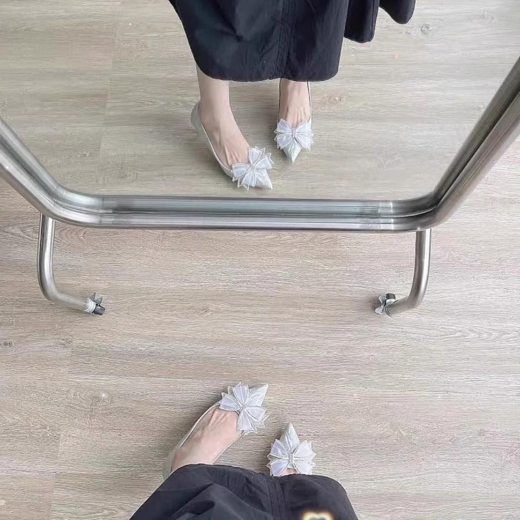 Французские туфли на высоком каблуке женские 2025 весна и осень новые свадебные туфли со стразами бант кристалл темперамент светские туфли на шпильке одинарные женские