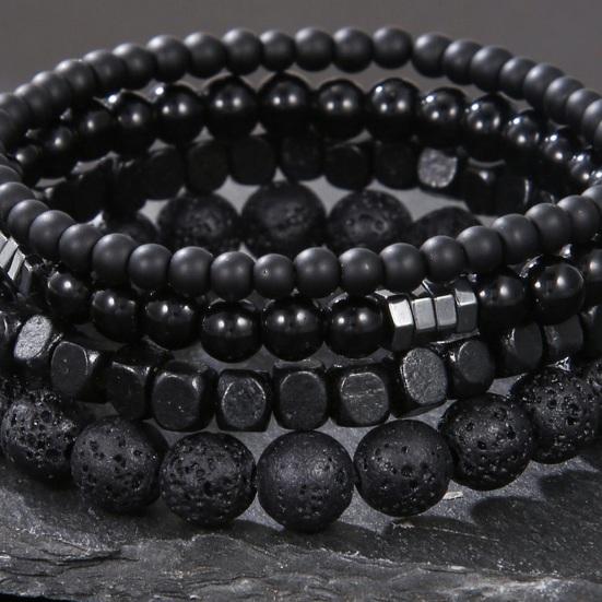 4 шт. Мужские браслеты из натурального камня, черные, гладкие, эластичные, многослойные, регулируемые, для взрослых, наручные украшения, мужские наручные аксессуары