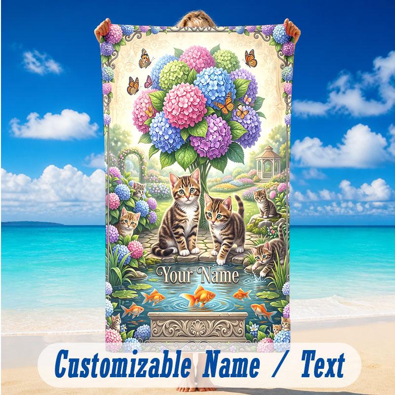 Cat Theme Beach Towel Personalized Custom Name & Text Soft Quick Dry Beach Towel for Swimming Travel