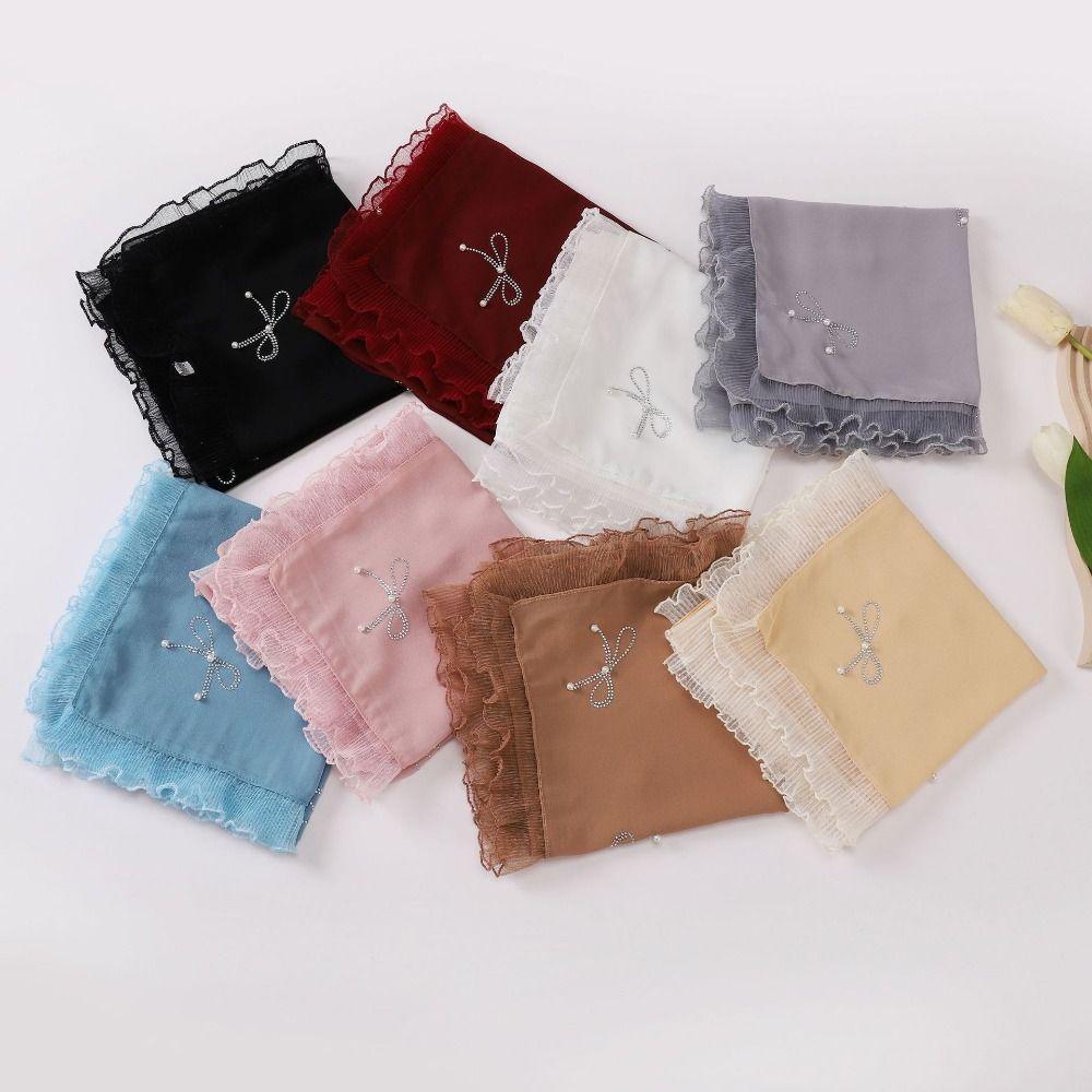 Lace Bow Muslim Hijab Bubble Chiffon Hui Ethnic Scarf Casual Muslim Shawls Woman