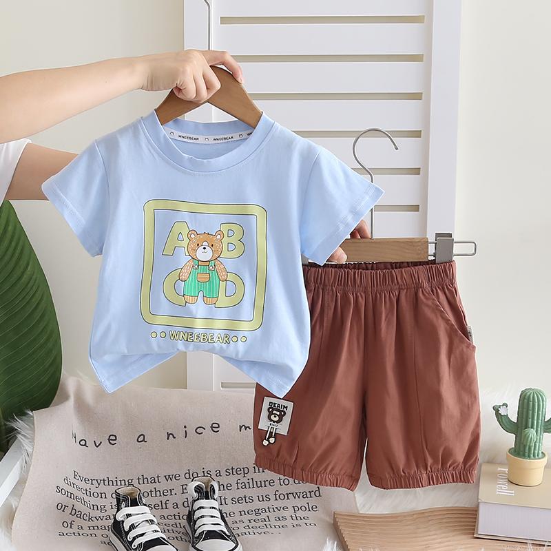 Комплект для мальчиков от 0 до 5 лет Детская футболка с короткими рукавами и круглым вырезом Повседневный комплект из двух предметов: топ и шорты с рисунком для мальчиков