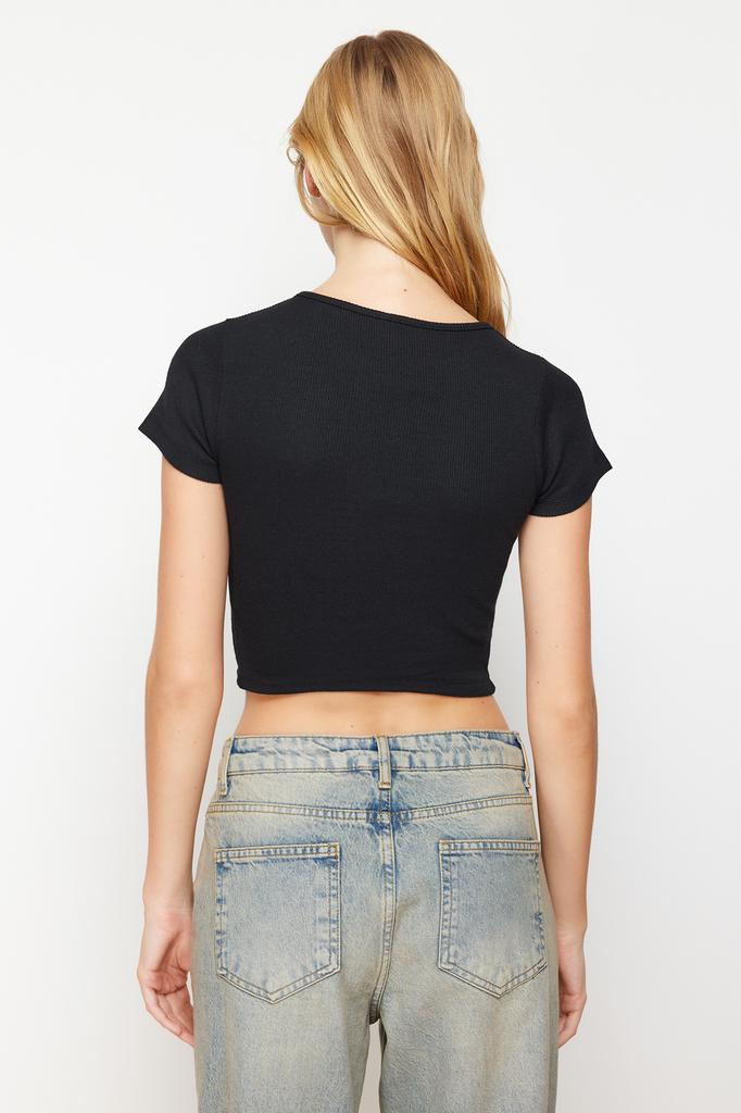 Women's Fashion New Blouse Black Fitted Crew Neck Crop Ribbed Stretchy Knitted Blouse