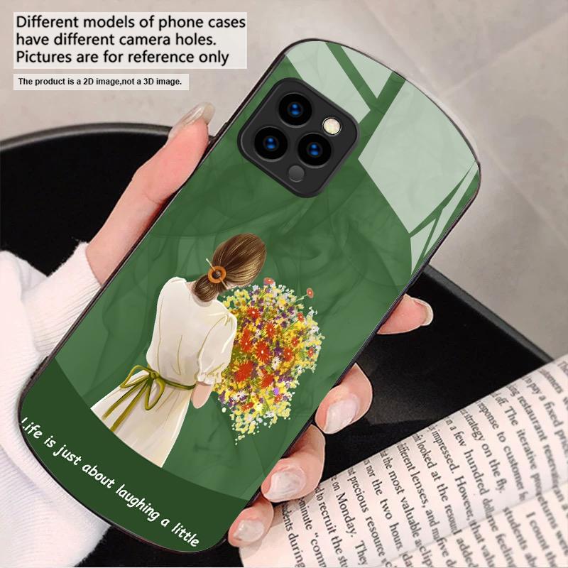 Девушка с цветами Для iPhone 17 16 15 14 13 Plus 12 mini 11 Pro Max XR Xs Max X 7 8 6S 22 20 Эллиптический стеклянный чехол для телефона