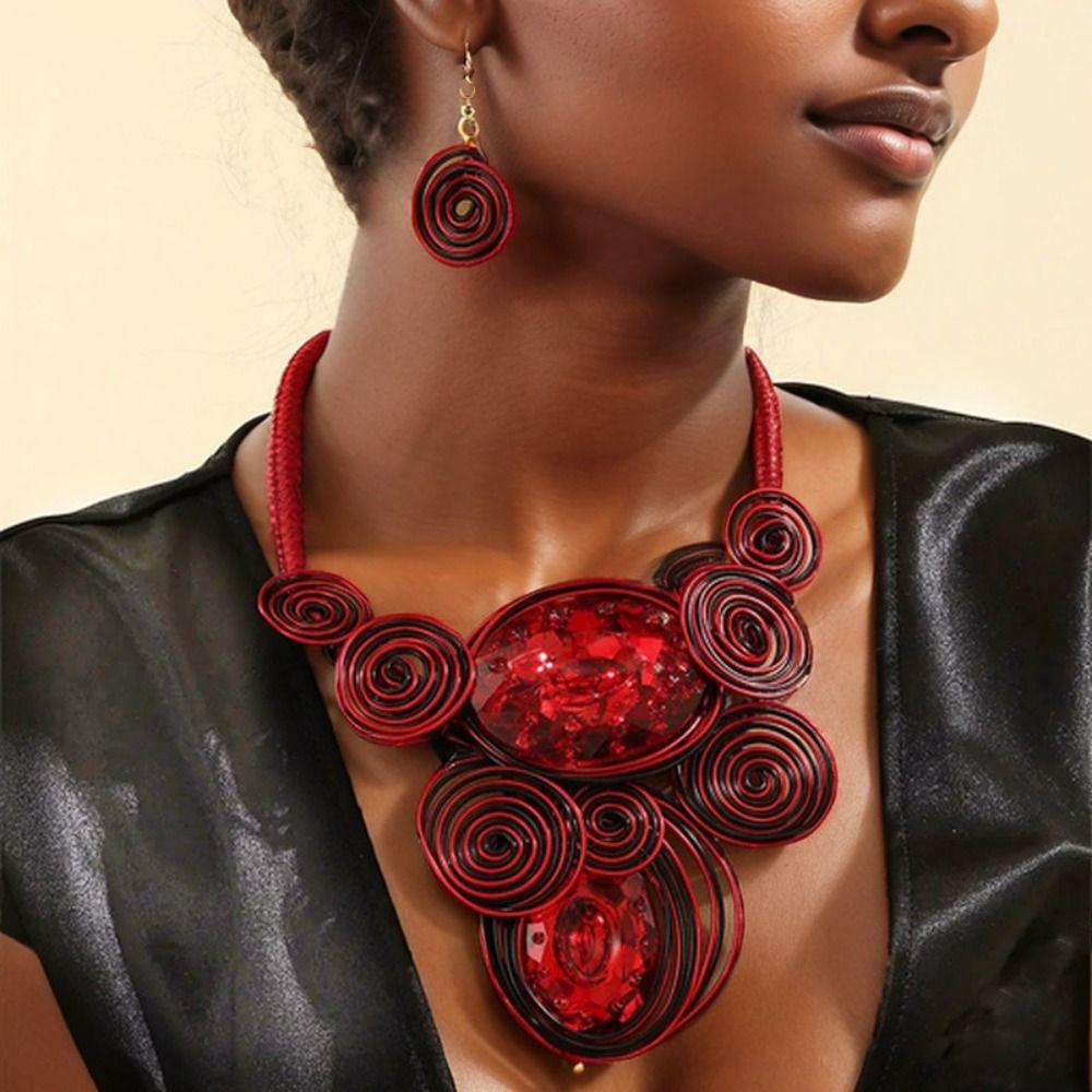 Crystal Gem Statement Necklace Earring Set Irregular Woven Accessories Vintage Beads Necklaces Handmade Neck Chains for Women