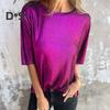 Lady Summer Top Round Neck Short Sleeves Pullover Blouse Glossy Surface Pure Color Stretchy T-shirt for Daily Wear Date Party