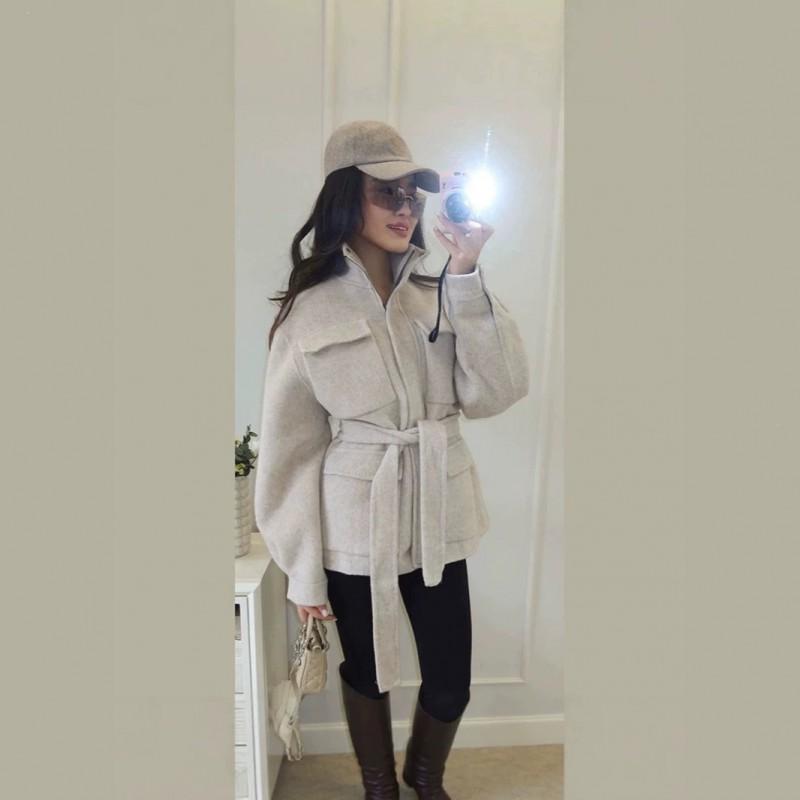 Womens Slim Fit Wool Blend Coat Stand Collar Zip Up Belted Multi Pocket Workwear Fall Winter