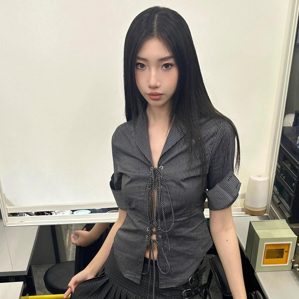 Винтажные сексуальные кокетливые блузки женские корейский стиль панк уличная одежда полосатый принт бандажные ажурные тонкие рубашки Y2k