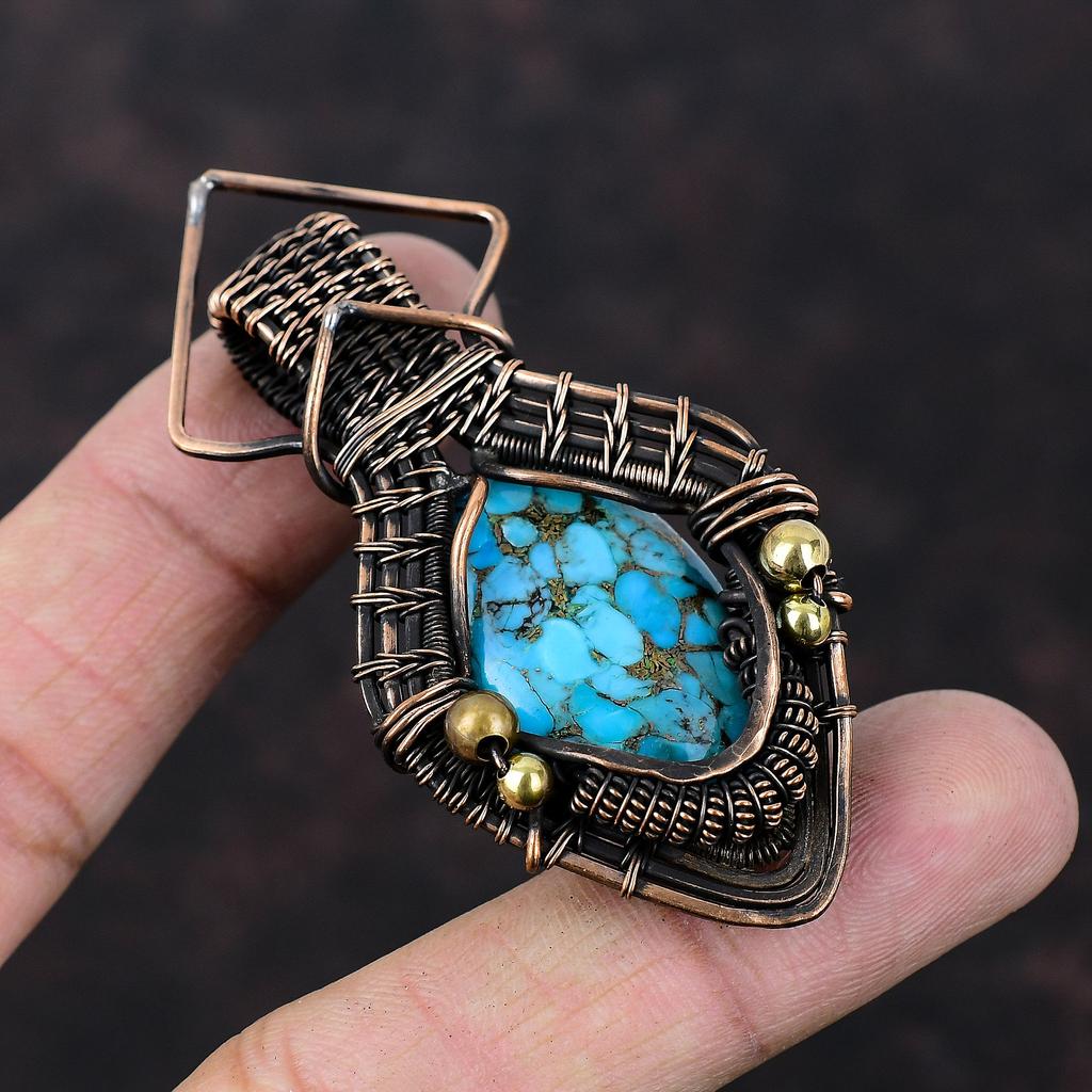Copper Blue Turquoise Pendant Copper Wire Wrapped Pendant Natural Gemstone Pendant Copper Wire Jewelry Gift For Her Handmade Elegant Jewelry
