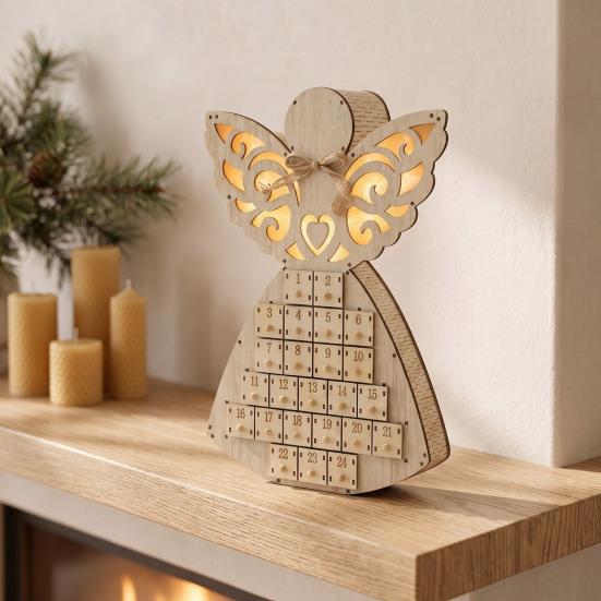 Wooden Christmas Decor Angel Advent Calendar with 24 Storage Drawers, Countdown for Candy to Tabletop Decoration Winter Holiday Party Favors