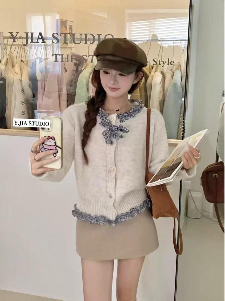 Корейский шик, кардиган из трикотажа с оборками и бантом - Женский осенний дизайн