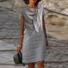 Fashion High Street Straight Loose Mid Dress Vintage O Neck Bow Tie Party Dresses Casual Office Lady Short Sleeved A-line Dress