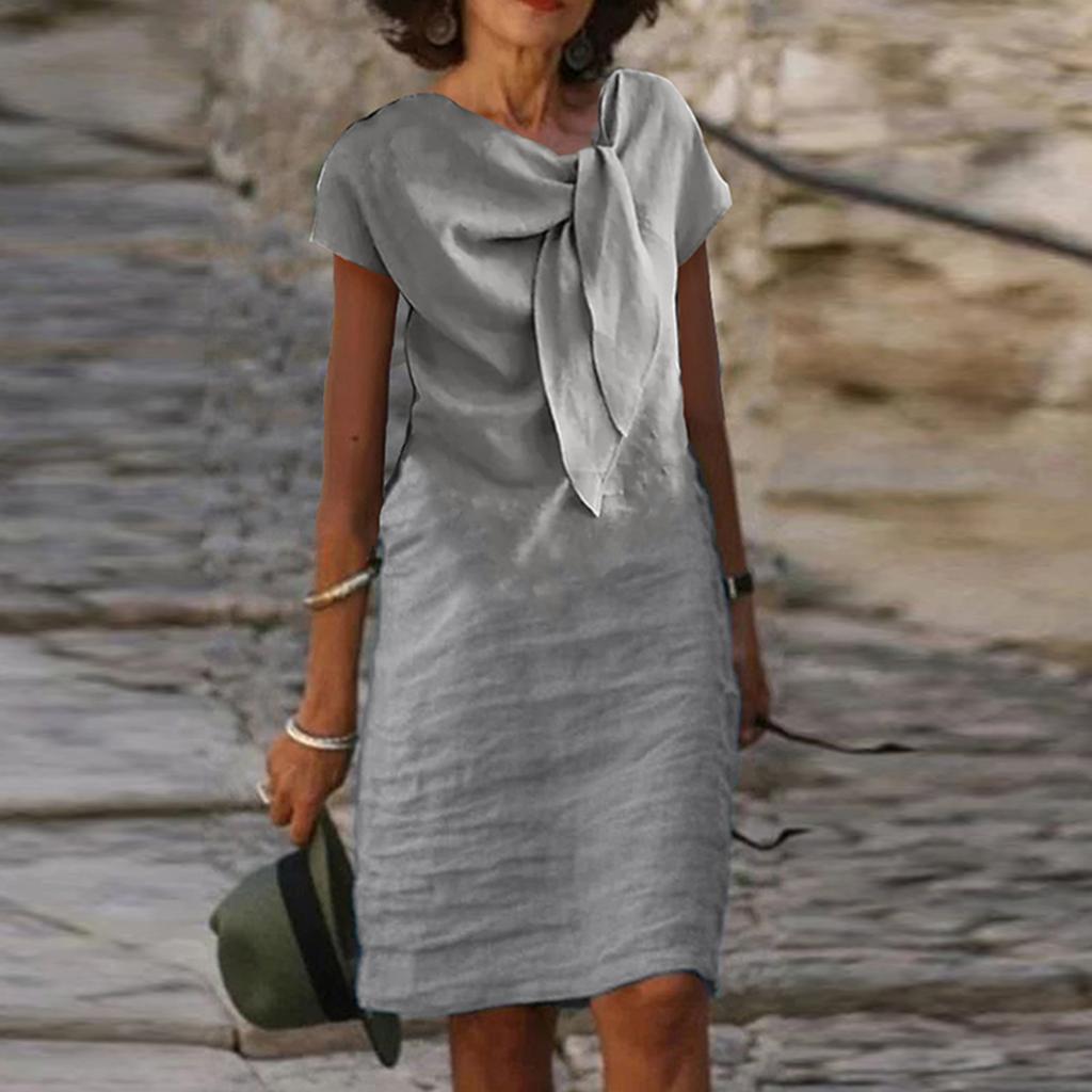 Fashion High Street Straight Loose Mid Dress Vintage O Neck Bow Tie Party Dresses Casual Office Lady Short Sleeved A-line Dress