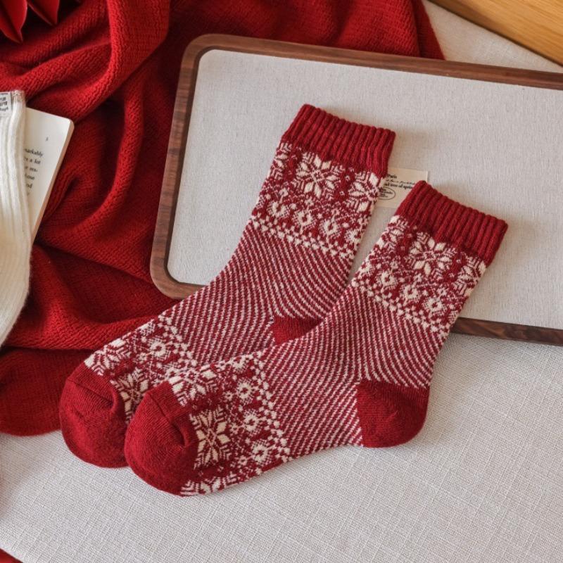 Новогодние красные носки, носки с узором «Фэр-Айл», осенне-зимние утолщенные шерстяные носки до середины икры, ромбовидные ретро