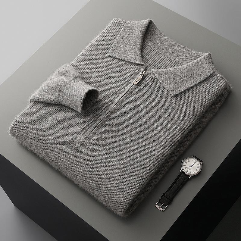 Мужской деловой повседневный пуловер поло из чистой шерсти на молнии - Осенне-зимний пуловер свободной вязки