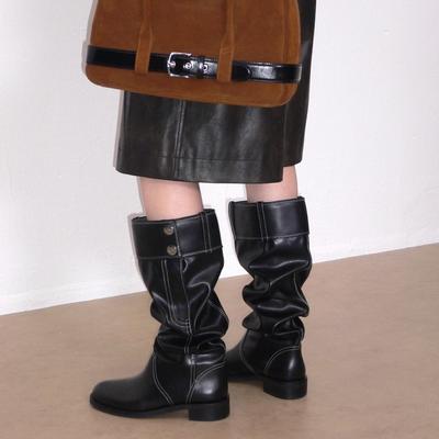 Женские плиссированные сапоги из овчины, новинка начала осени, имитация брюк с одной пряжкой и тонкой кожей, на толстой подошве, сапоги-рыцари на наборном каблуке