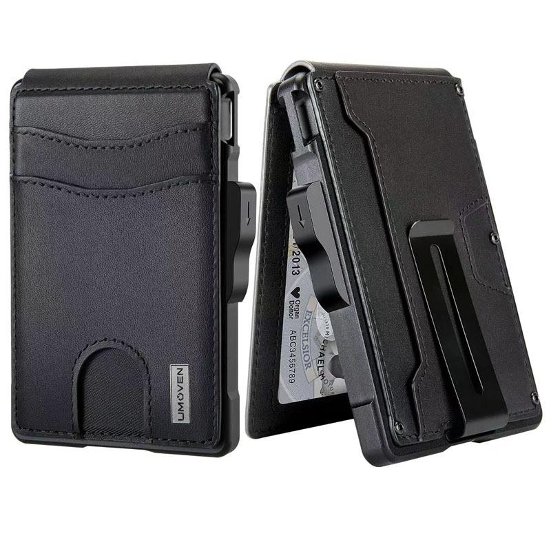 RFID Men's Leather Card Bag Metal Anti-Magnetic Automatic Bullet Card Wallet Credit Card Business Card Box Wallet