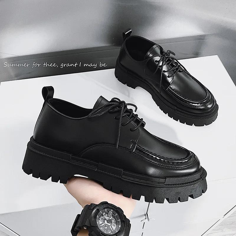 Men Sneakers British Style Leather Shoes for Men Thick Bottom Design Platform Black Lace Up Casual Loafer Shoe