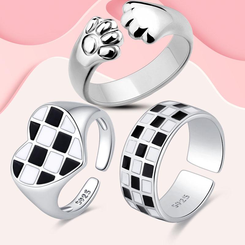 New Trend Cool Black White Grid Band Ring For Women Original 925 Silver Rings Brand Jewelry Gift