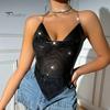 Women Sequin Sling Tops Halter Sleeveless Backless Short Vest with Metal Chain Laces And Swing Collar Sexy Camisole