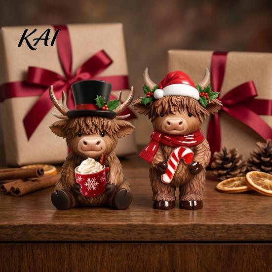 Resin Holiday Home Decor 2Pcs Christmas Highland Cow Figurines, Santa Reindeer Cow, with Hat, Atmosphere Table Topper Hot Cocoa, for Garden