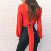 Color Women Solid Long Sleeves Backless Bandage Blouse Cross Loose Tops Bow