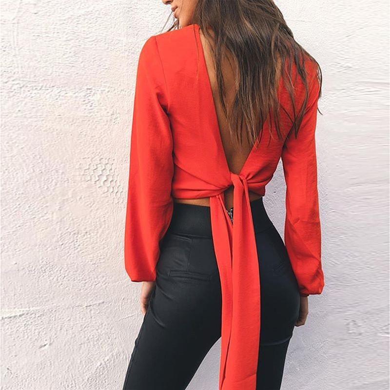 Color Women Solid Long Sleeves Backless Bandage Blouse Cross Loose Tops Bow
