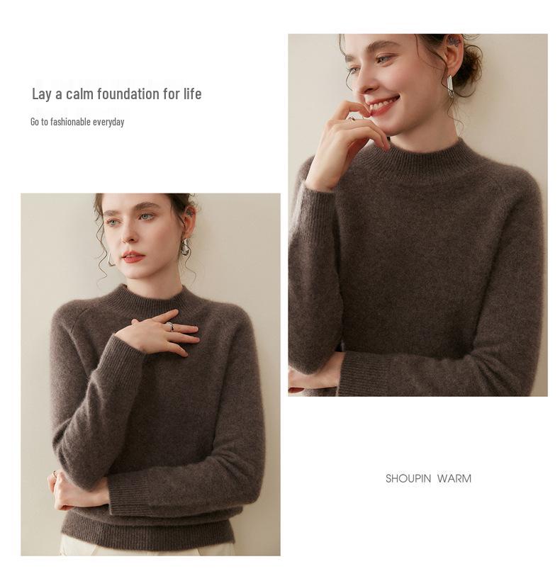Women's 100% Pure Cashmere Sweater - Autumn/Winter Thick Half-High Collar Knit Base Layer, Loose Slimming Short Style