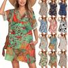 Women's Fashion Smock Hawaiian Floral Casual Short Sleeve V-neck T-shirt Dress Holiday Beach Dress