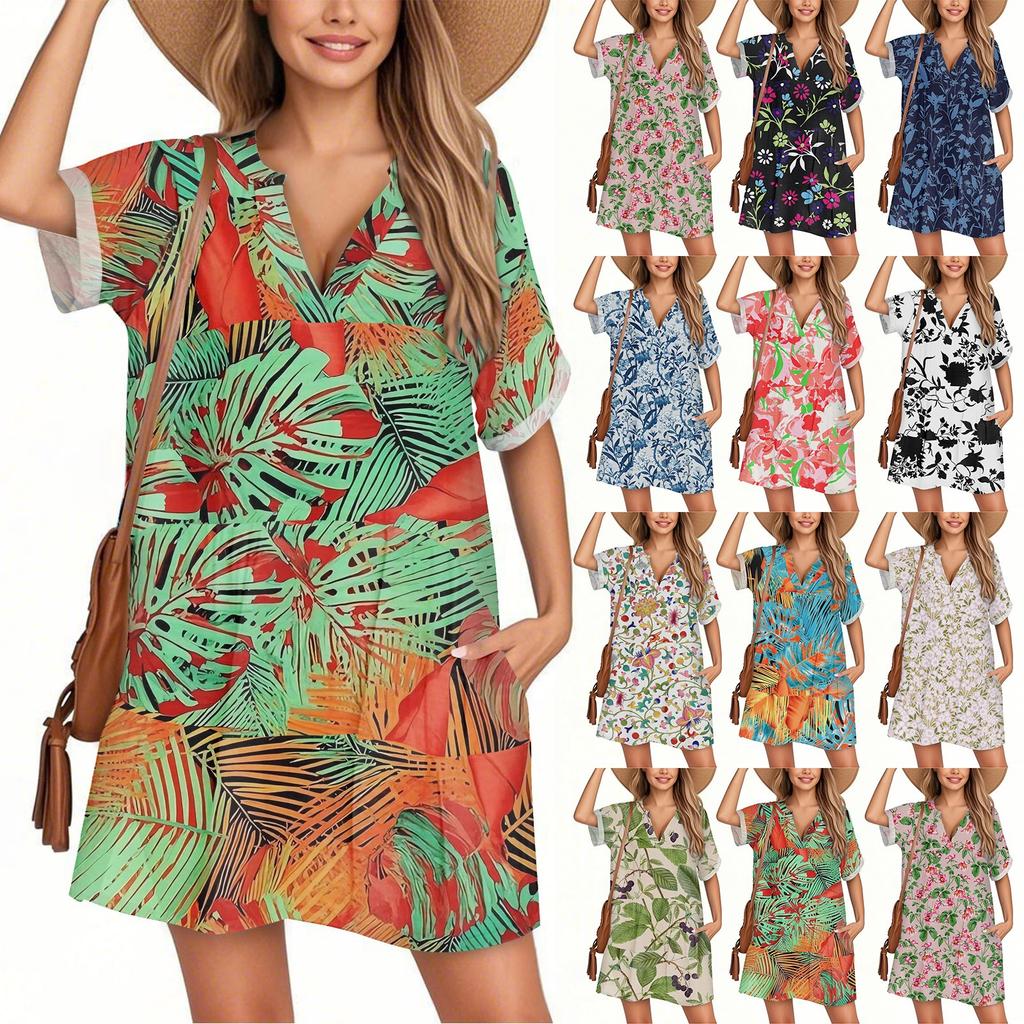 Women's Fashion Smock Hawaiian Floral Casual Short Sleeve V-neck T-shirt Dress Holiday Beach Dress