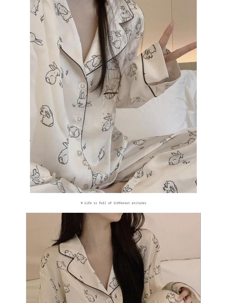 Women's Cute Korean Rabbit Ice Silk Pajamas - Long-Sleeved Spring/Autumn Suit