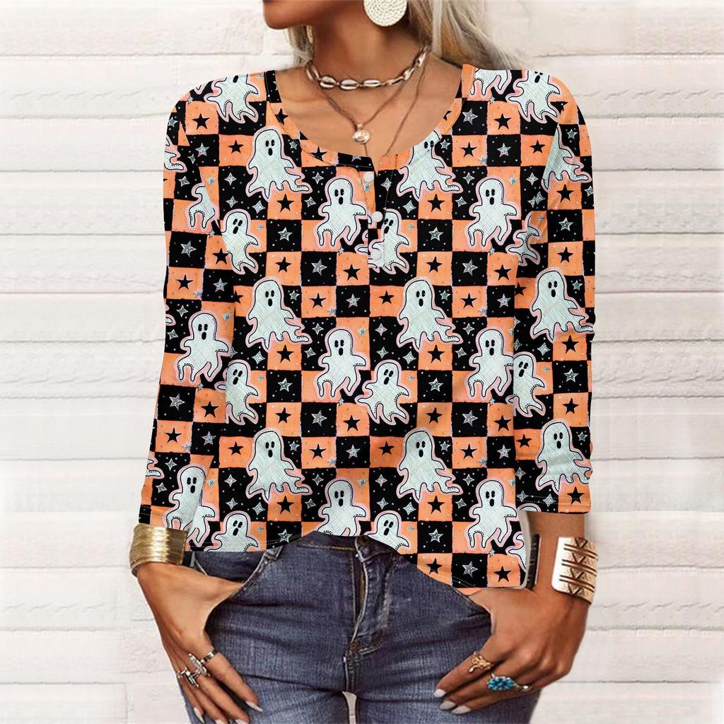 Long Sleeve Shirts For Women Halloween Pattern Print Graphic Tees Blouses Casual Plus Size Basic Tops Pullover