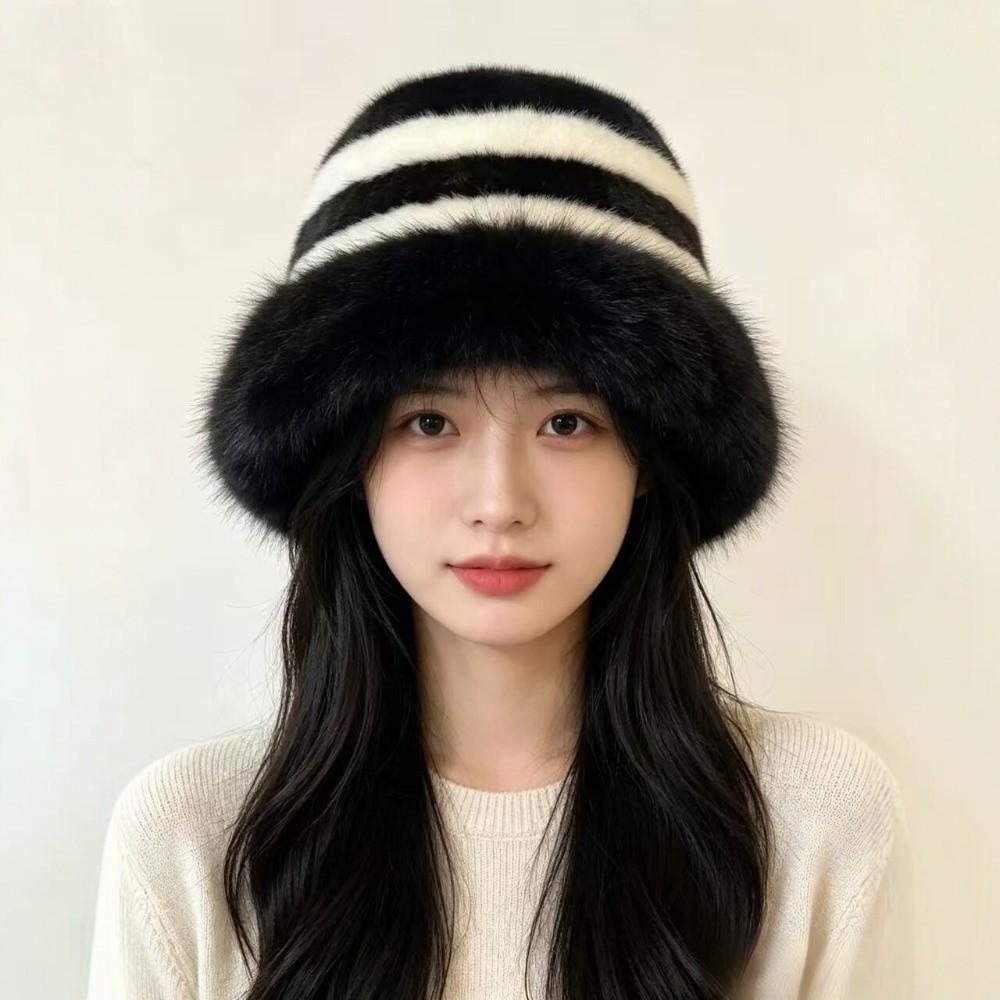 Wide Brim Fur Bucket Hat Faux Fur Striped Fisherman Cap Fashion Plush Hat Winter