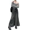 Women Skirt A-line Big Swing Denim Retro Pockets Patchwork Solid Color High Waist Button Zipper Closure Ankle Length Ripped Edge Lady Maxi Skirt