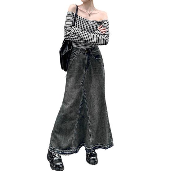 Women Skirt A-line Big Swing Denim Retro Pockets Patchwork Solid Color High Waist Button Zipper Closure Ankle Length Ripped Edge Lady Maxi Skirt