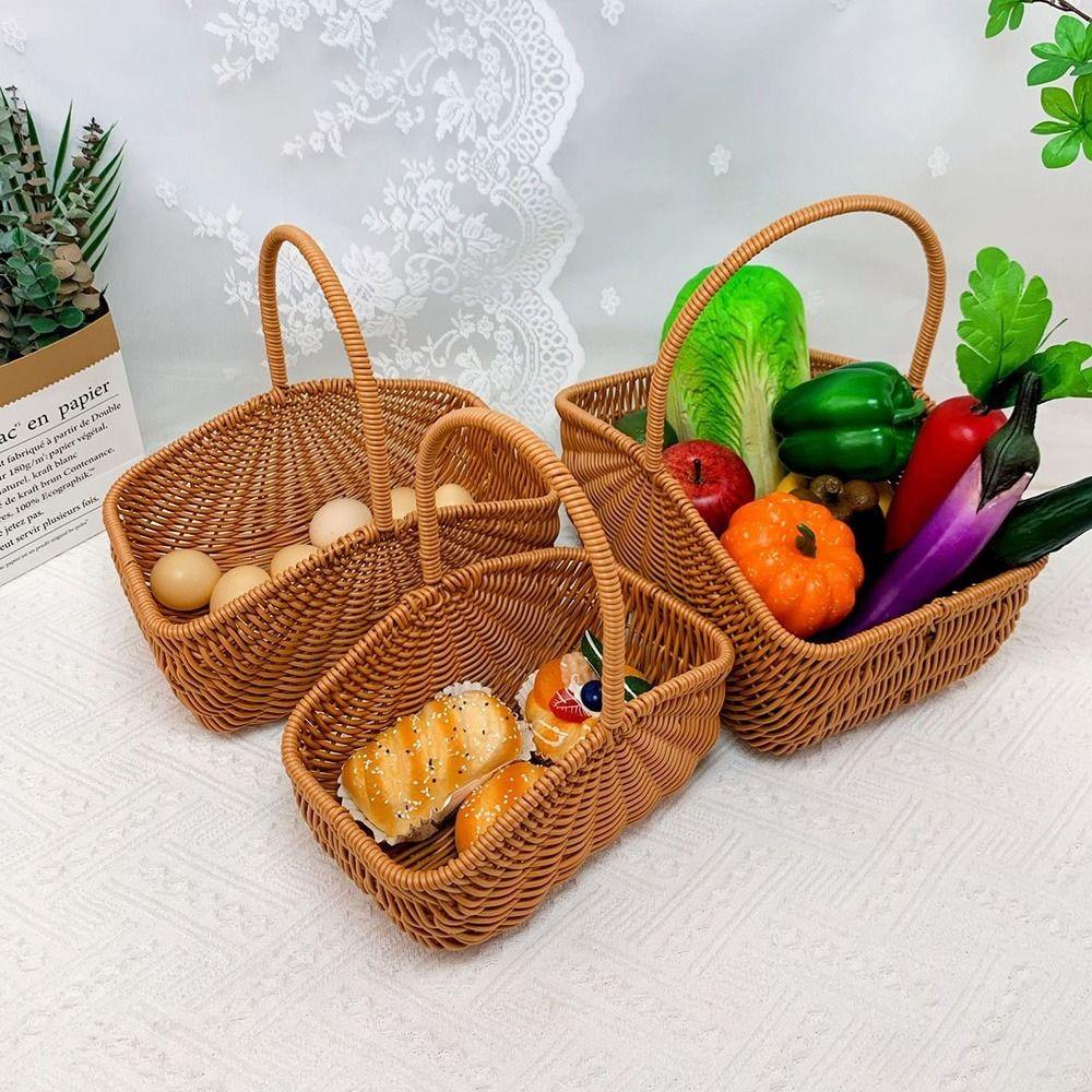 Woven Rattan Storage Basket Rectangle Picnic Basket Versatile Handhold Basket Home Kitchen
