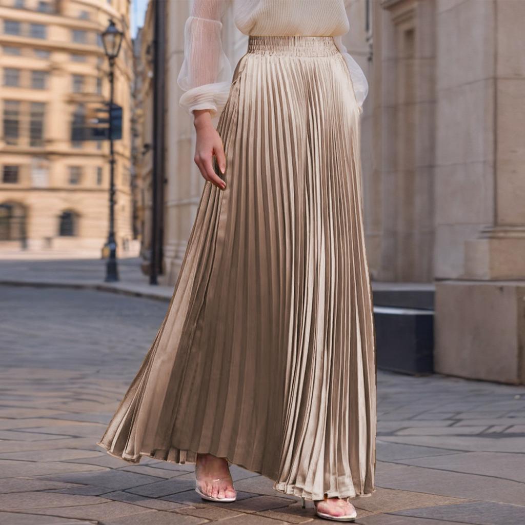 Women's Casual Pleated Solid Color Half Skirt, Pleated A-line Skirt, Large Swing Floor-length Skirt